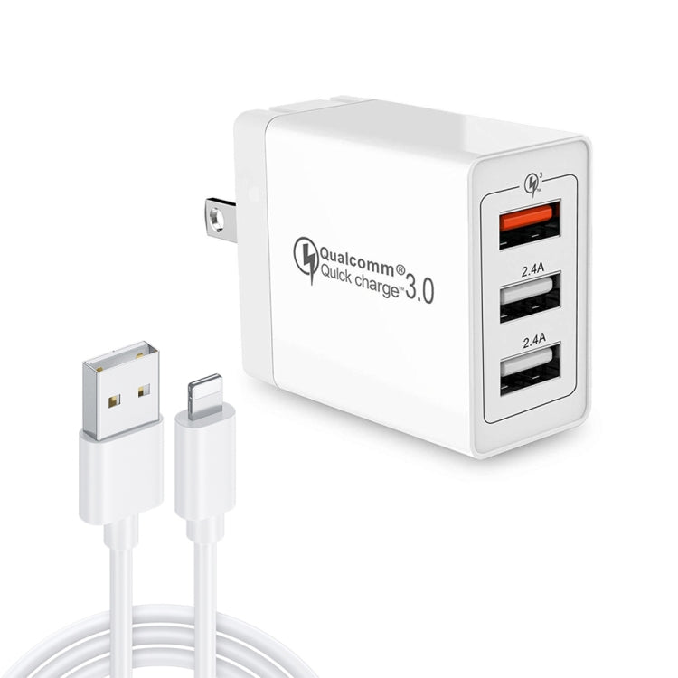 SDC-30W 2合一 USB轉8 Pin數據線 + 30W QC 3.0 USB + 2.4A 雙USB 2.0接口 手機平板通用快速充電器旅行充套裝，美規