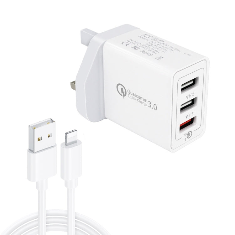 SDC-30W 2合一 USB轉8 Pin數據線 + 30W QC 3.0 USB + 2.4A 雙USB 2.0接口 手機平板通用快速充電器旅行充套裝，英規