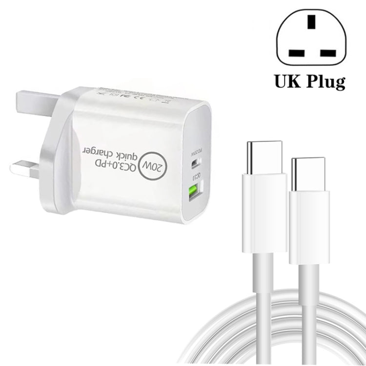 SDC-20WA+C 20W PD 3.0 Type-C + QC 3.0 USB 雙口快充通用旅行充帶Type-C轉Type-C快充數據線，英規