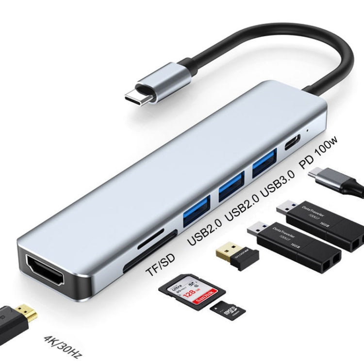 七合一 TYPE-C轉HDMI+USB3.0+USB2.0*2+PD充電+SD/TF拓展塢
