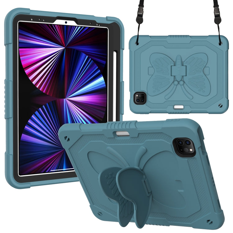 適用於 iPad Pro 11 2018 & 2020 & 2021 & Air 4 10.9 純色PC + 硅膠防摔保護套 帶蝴蝶支架和筆槽