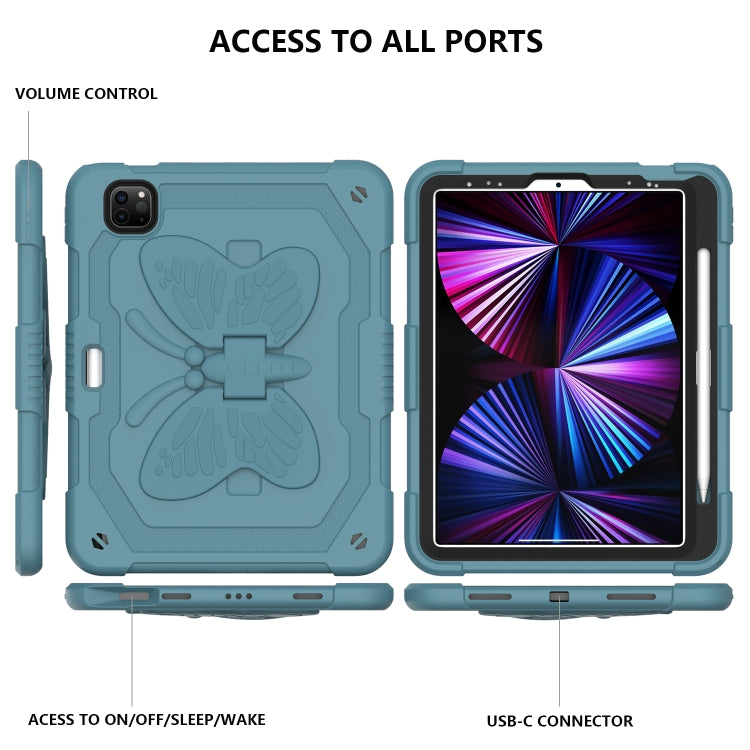 適用於 iPad Pro 11 2018 & 2020 & 2021 & Air 4 10.9 純色PC + 硅膠防摔保護套 帶蝴蝶支架和筆槽