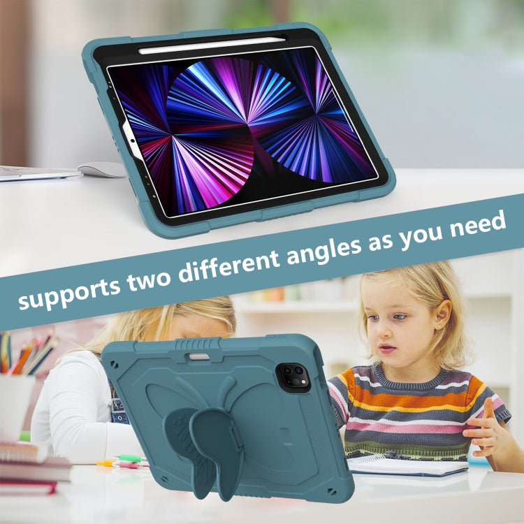 適用於 iPad Pro 11 2018 & 2020 & 2021 & Air 4 10.9 純色PC + 硅膠防摔保護套 帶蝴蝶支架和筆槽