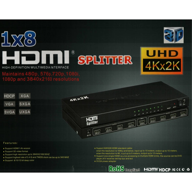 1 x 8 4K x 2K 3840*2160/30HZ HDMI分配器