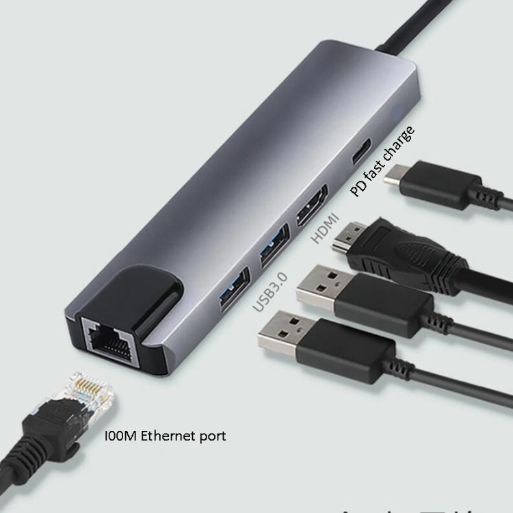 5合1 Type-C 轉 RJ45+USB3.0 x 2+PD+HDMI HUB 適配器
