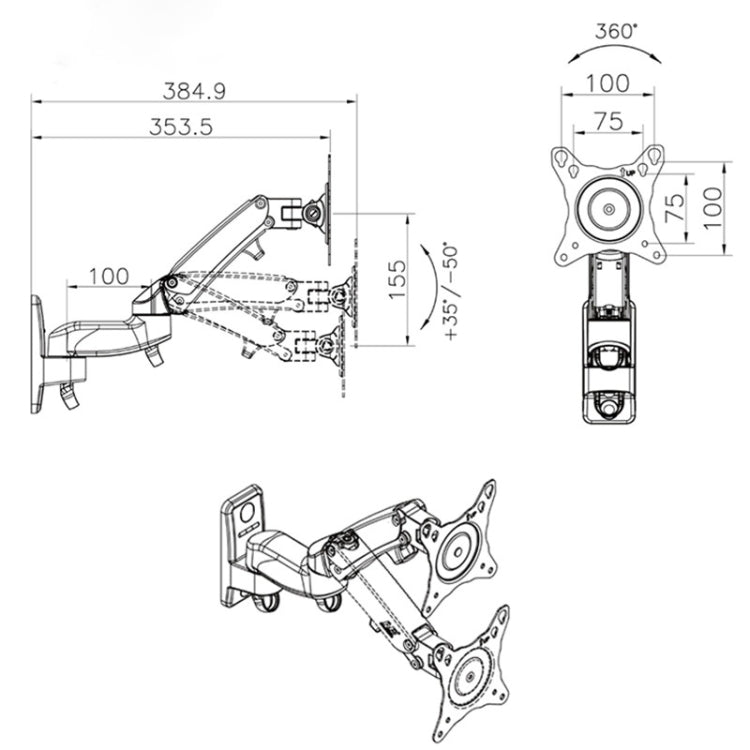 F150 全運動監視器壁掛式電視壁掛式，配有可調氣體彈簧臂，適用於17-27英寸LED液晶显示器