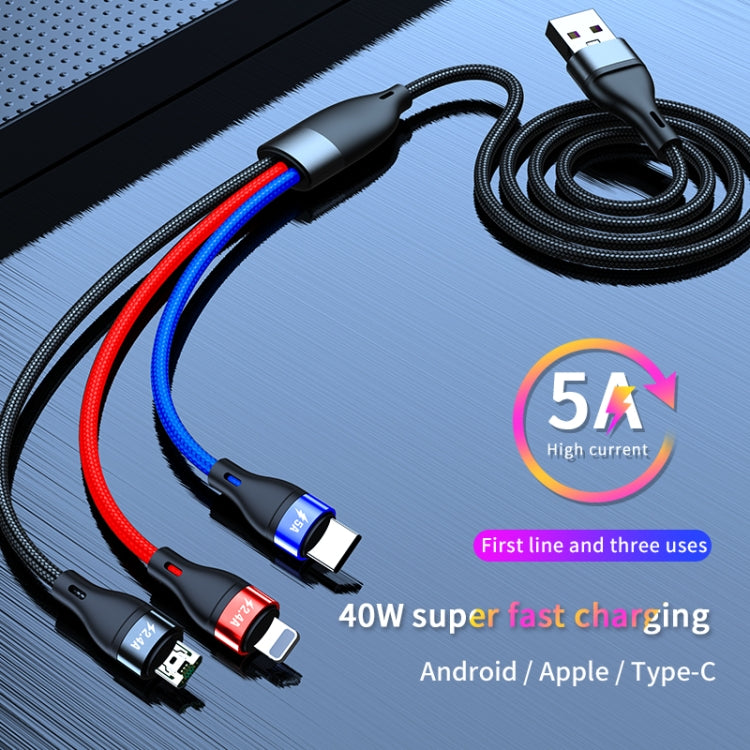 40W 5A USB轉Micro USB+Type-C+8 Pin快速充電線，電纜長度：2米