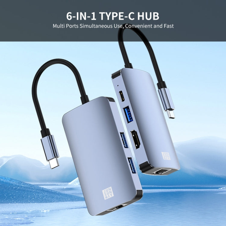 JUNSUNMAY JSM-HUB003 Type-C擴展塢六合一分線器百兆網口HDMI 4K高清視頻轉換器