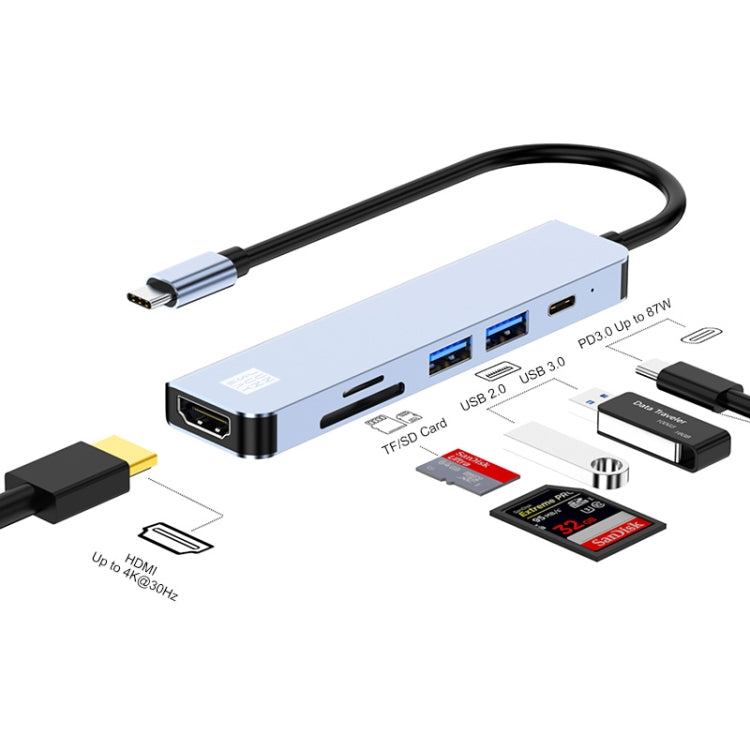 JUNSUNMAY JSM-HUB005 Type-C PD快充擴展塢六合一可插卡分線器HDMI 4K高清視頻轉換器