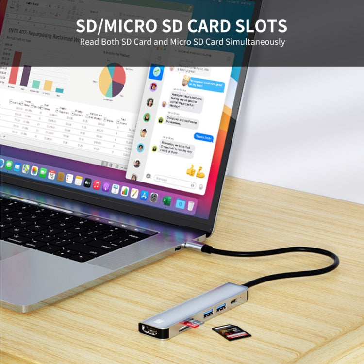JUNSUNMAY JSM-HUB005 Type-C PD快充擴展塢六合一可插卡分線器HDMI 4K高清視頻轉換器