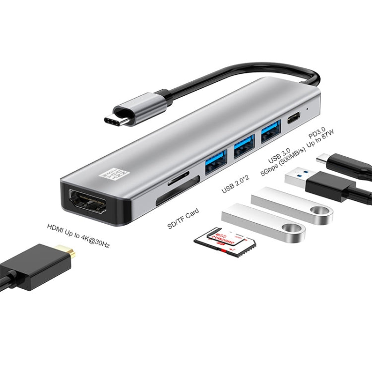 JUNSUNMAY JSM-HUB006 Type-C擴展塢七合一可插卡分線器HDMI 4K高清視頻轉換器