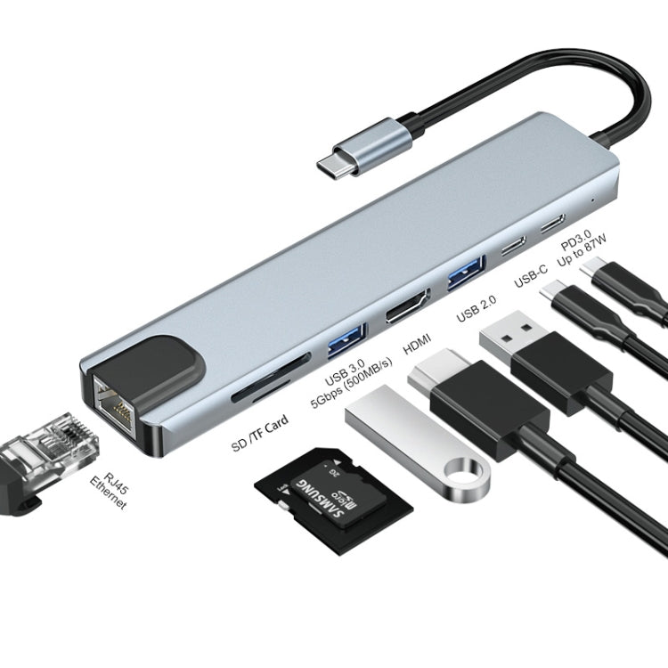 JUNSUNMAY JSM-HUB008 Type-C擴展塢百兆網口八合一可插卡分線器HDMI 4K高清視頻轉換器
