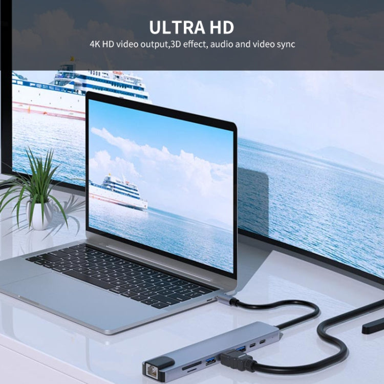 JUNSUNMAY JSM-HUB008 Type-C擴展塢百兆網口八合一可插卡分線器HDMI 4K高清視頻轉換器