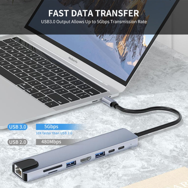 JUNSUNMAY JSM-HUB008 Type-C擴展塢百兆網口八合一可插卡分線器HDMI 4K高清視頻轉換器