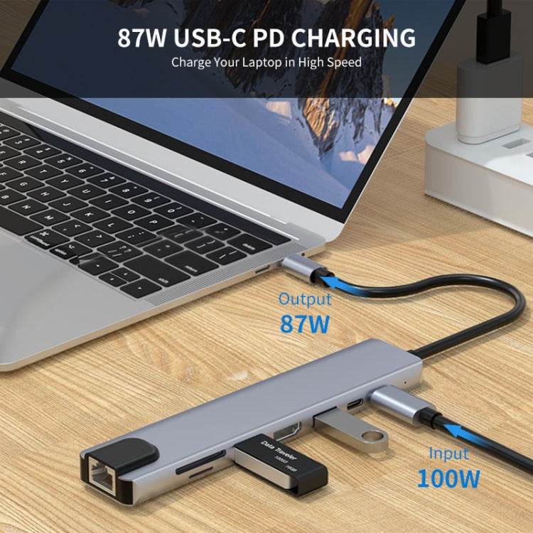 JUNSUNMAY JSM-HUB008 Type-C擴展塢百兆網口八合一可插卡分線器HDMI 4K高清視頻轉換器
