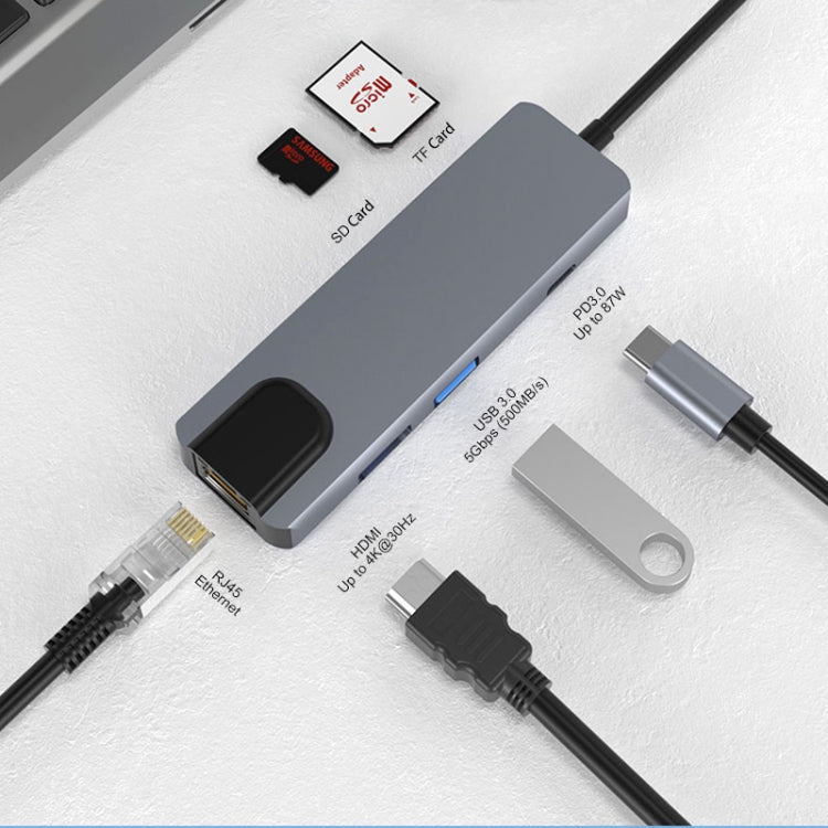 JUNSUNMAY JSM-HUB009 Type-C擴展塢百兆網口六合一可插卡分線器HDMI 4K高清視頻轉換器