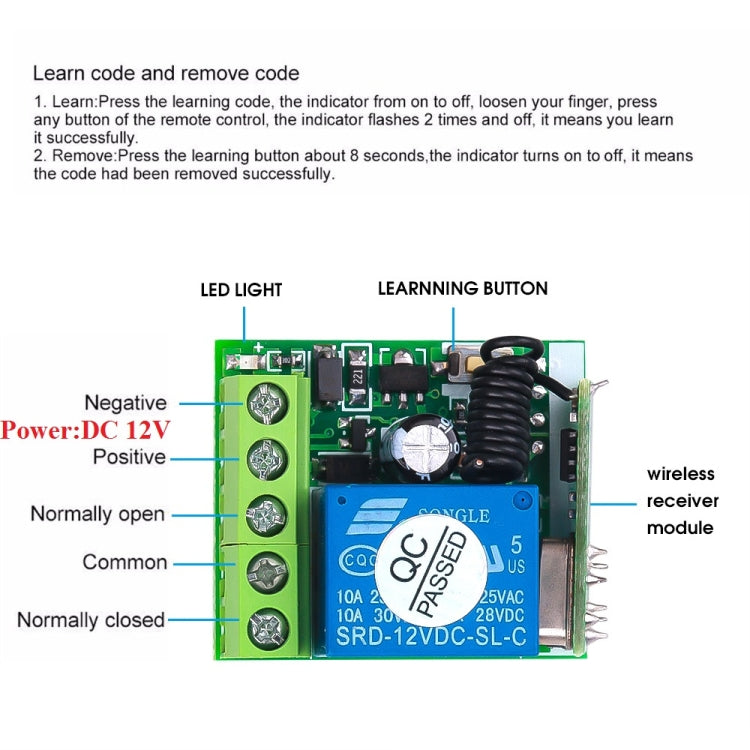 12V 10A 單路學習碼遙控開關 433MHZ 開關接收器