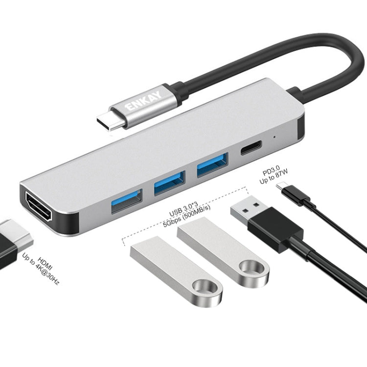 ENKAY Hat-Prince 五合一Type-C擴展塢3個USB3.0+HDMI 4K高清視頻轉換器