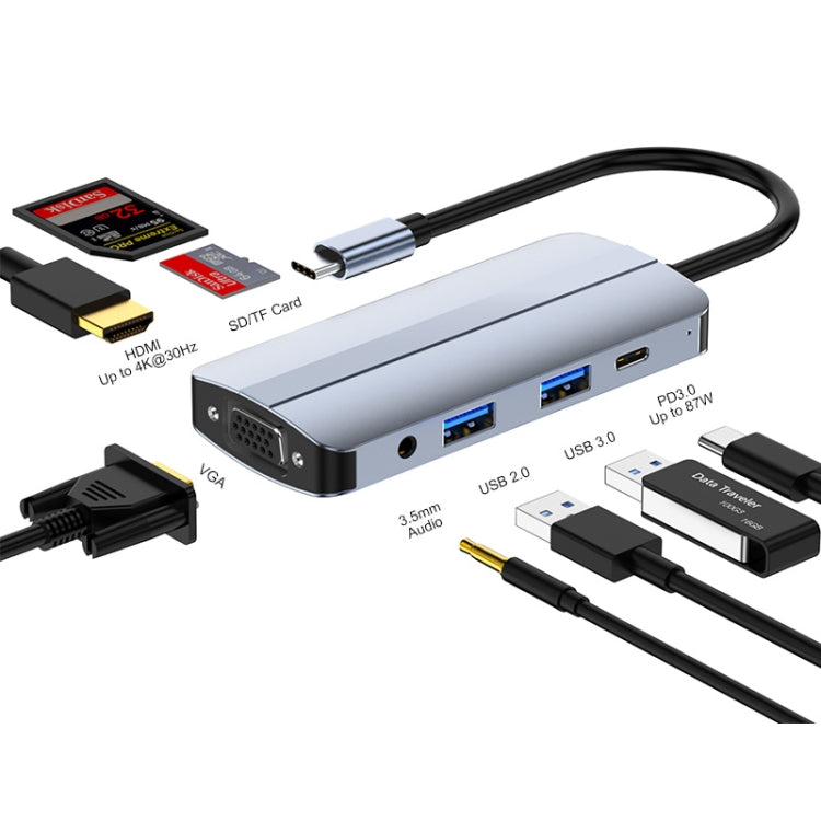 JUNSUNMAY JSM-HUB013 Type-C擴展塢八合一可插卡HDMI+VGA分線器4K高清視頻3.5mm音頻轉換器