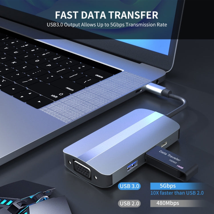 JUNSUNMAY JSM-HUB016 Type-C擴展塢七合一HDMI+VGA分線器4K高清視頻3.5mm音頻轉換器