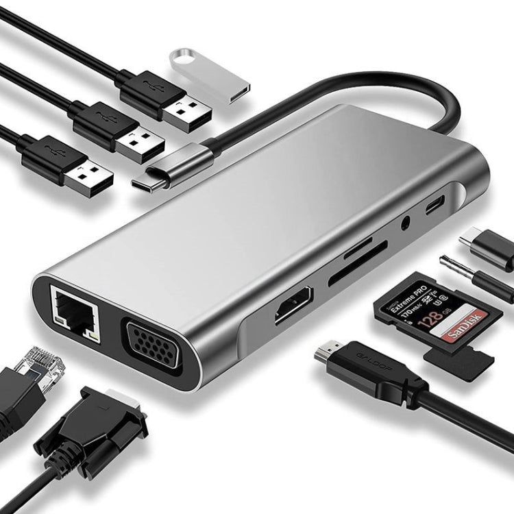 USB C HUB，USB C適配器11合1加密狗，帶4K HDMI、VGA、C類PD、USB3.0、RJ45以太網、SD/TF讀卡器、3.5mm AUX、擴展底座，兼容MacBook Pro/Air和其他C類筆記本電腦設備