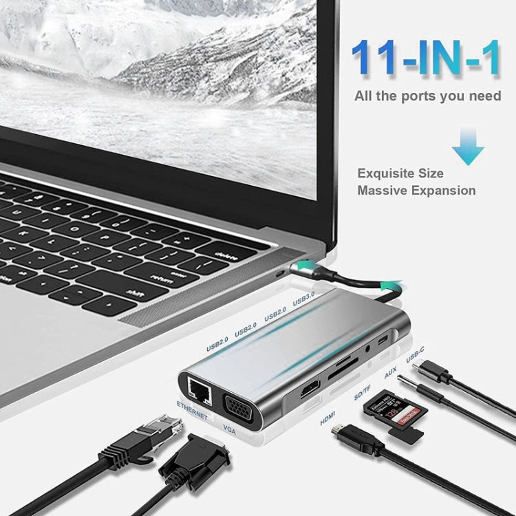 USB C HUB，USB C適配器11合1加密狗，帶4K HDMI、VGA、C類PD、USB3.0、RJ45以太網、SD/TF讀卡器、3.5mm AUX、擴展底座，兼容MacBook Pro/Air和其他C類筆記本電腦設備