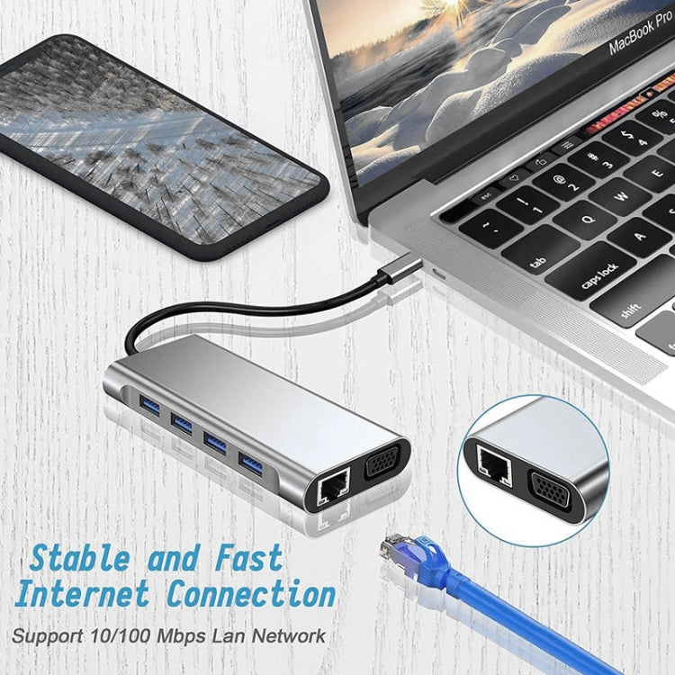 USB C HUB，USB C適配器11合1加密狗，帶4K HDMI、VGA、C類PD、USB3.0、RJ45以太網、SD/TF讀卡器、3.5mm AUX、擴展底座，兼容MacBook Pro/Air和其他C類筆記本電腦設備