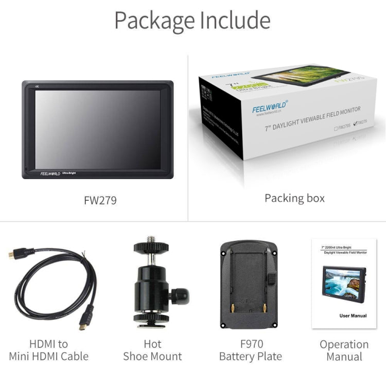 富威德FW279 7英寸超亮2200nit攝像機現場DSLR監視器全高清1920x1200 4K HDMI輸入高亮度，適用於DSLR穩定器