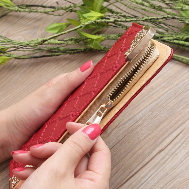 壓花菱格女士長款錢包復古花紋多卡位手拿包