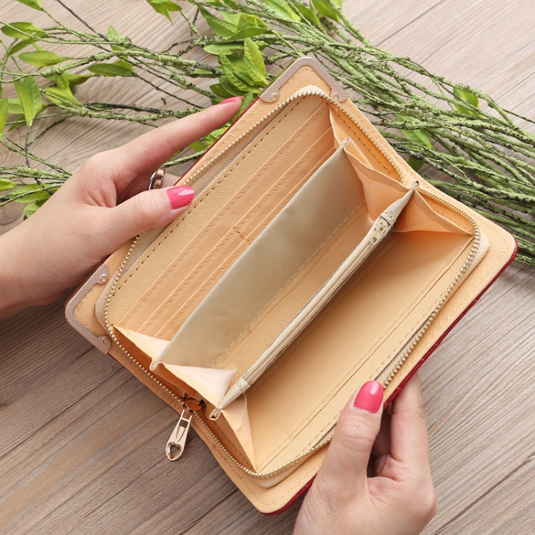 壓花菱格女士長款錢包復古花紋多卡位手拿包