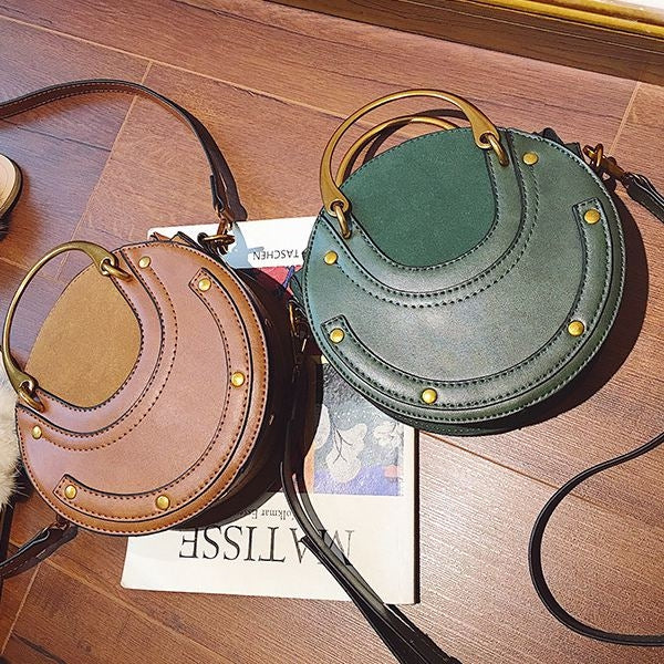 圓形磨砂PU皮女士包復古手提包單肩迷你包