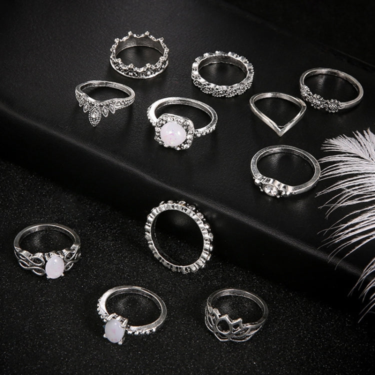 11件/套 波西米亞復古圖騰蛋白石蓮花水晶鏤空戒指套裝