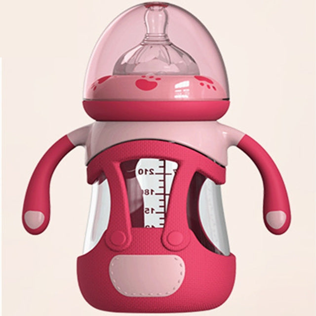 帶硅膠套高硼硅玻璃寶寶奶瓶