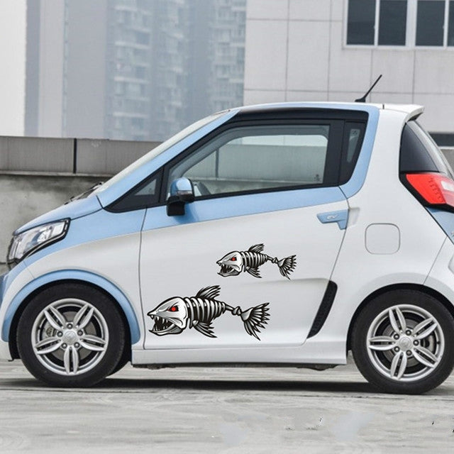 10 對一賣 恐怖骨架鯊魚釣魚達人遮擋划痕反光個性防水車身貼