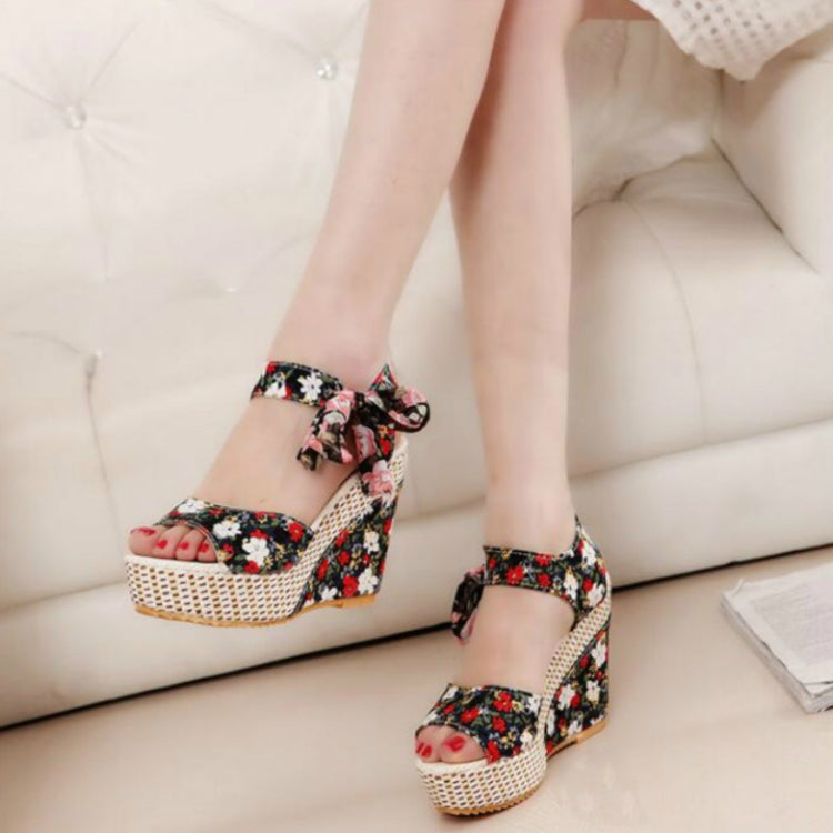 波西米亞厚底魚嘴坡跟高跟花朵百搭女鞋