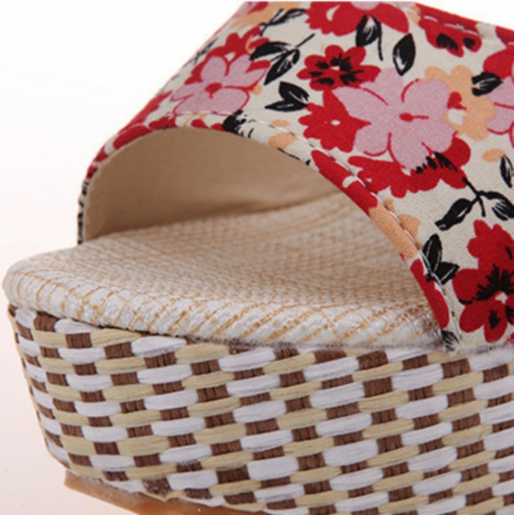 波西米亞厚底魚嘴坡跟高跟花朵百搭女鞋