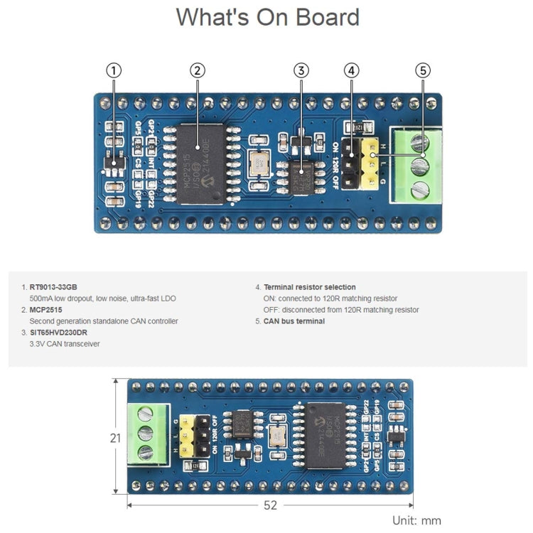 Waveshare  適用於Raspberry Pi Pico的CAN總線模塊（B），通過SPI實現遠距離通信23775