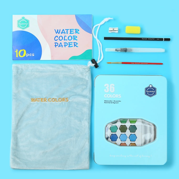 36件套 固體水彩顏料便攜式鐵盒初學者手繪繪畫工具套裝