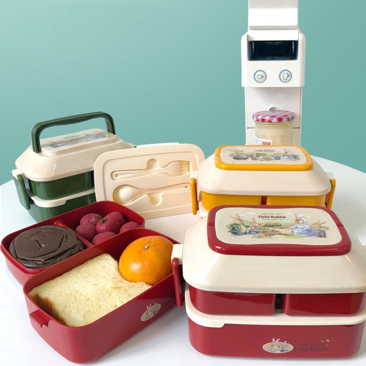 可愛兔子雙層塑料飯盒 大容量便攜午餐盒，規格：