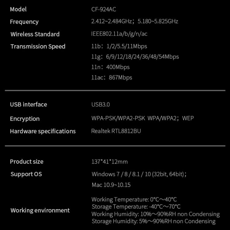 COMFAST CF-924AC V2 1200Mbps千兆雙頻USB電腦WIFI接收器大功率 無線網卡
