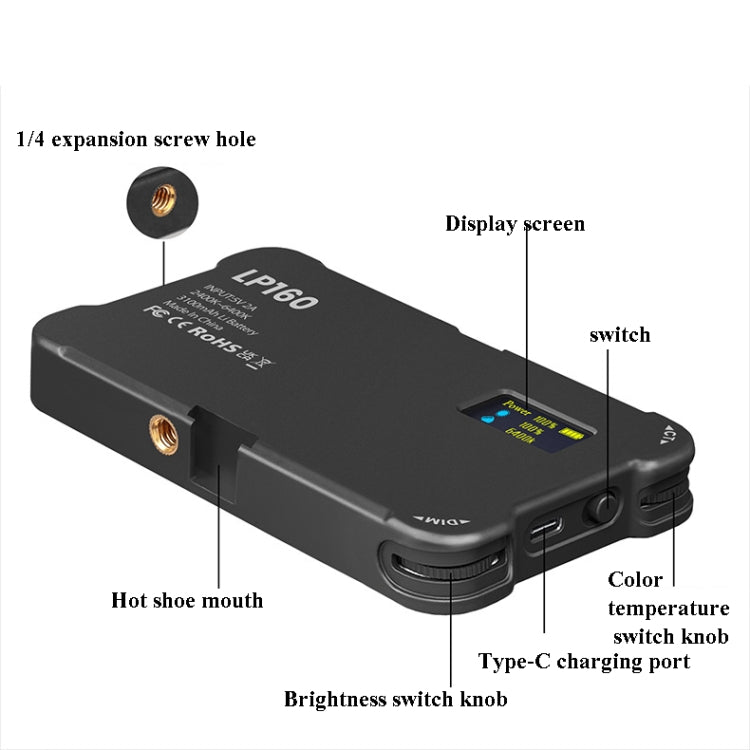 LP160 180 LEDs 方形口袋補光燈雙色溫便攜手機單反電腦攝影補光燈