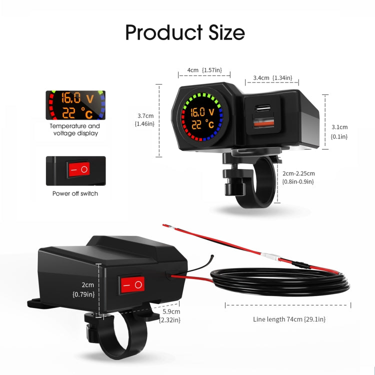 WUPP CS-1747A2 摩托車電壓溫度數顯USB+Type-C手機充電器