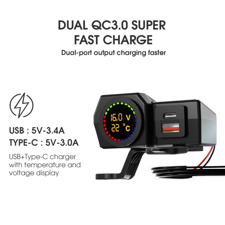 WUPP CS-1747A2 摩托車電壓溫度數顯USB+Type-C手機充電器