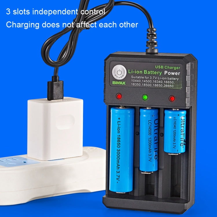 BMAX 18650 3槽USB充電座 3.7/4.2V獨立充鋰電池充電器, 3 Slot USB(Black)