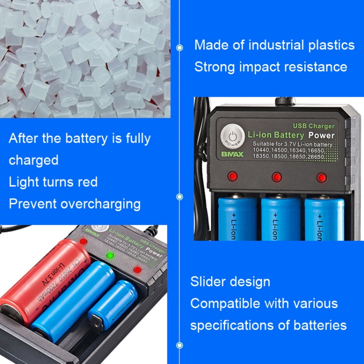 BMAX 18650 3槽USB充電座 3.7/4.2V獨立充鋰電池充電器, 3 Slot USB(Black)