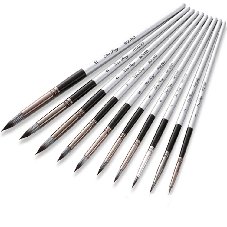 10合一 尼龍毛畫筆套裝銀灰色木杆圓鋒勾線筆