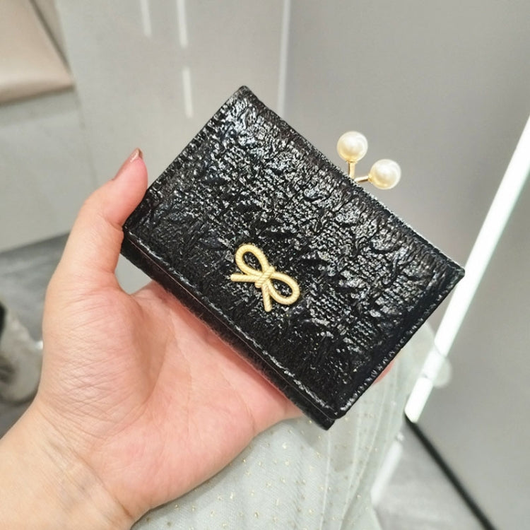 褶皺紋理蝴蝶結珍珠夾扣三折短款錢包