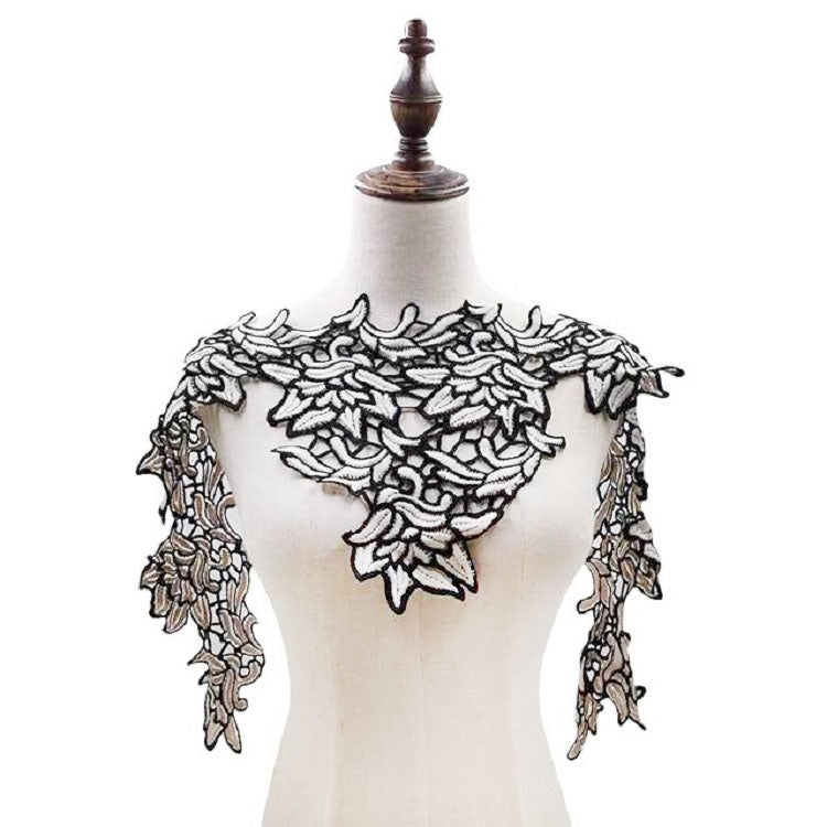 蕾絲雙色花朵刺繡布貼DIY服裝裝飾布，尺寸：約112 x 30cm