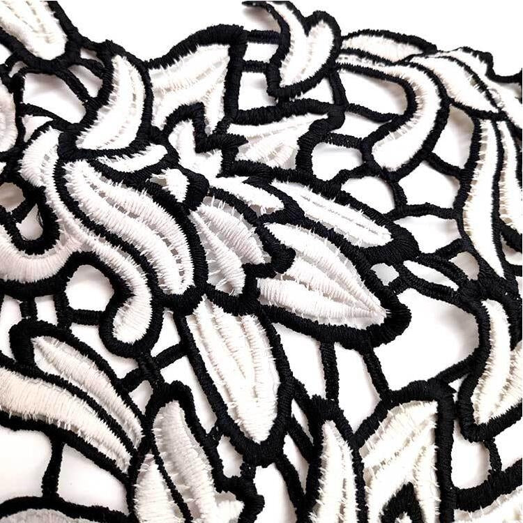 蕾絲雙色花朵刺繡布貼DIY服裝裝飾布，尺寸：約112 x 30cm