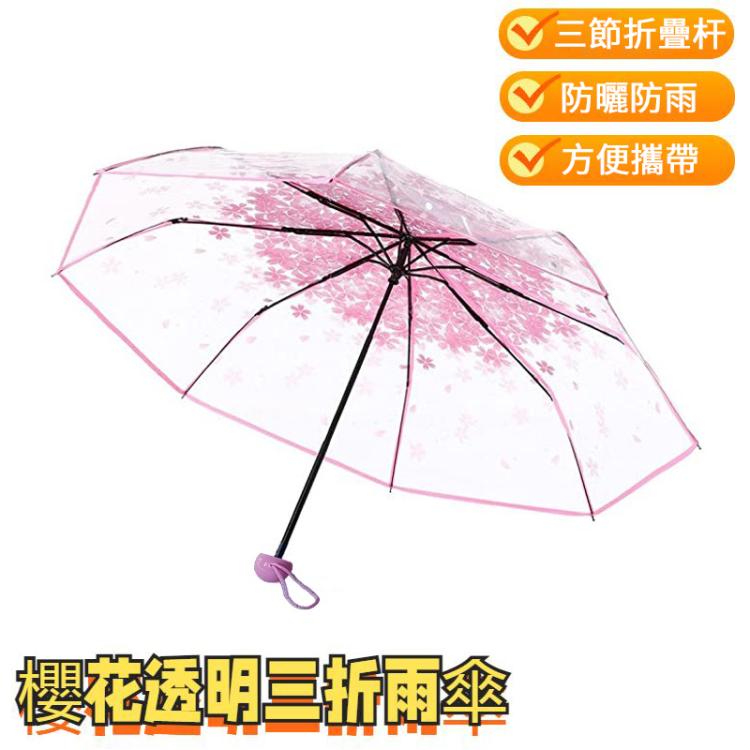 櫻花透明三折雨傘個性摺疊雨傘